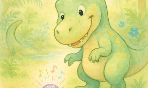 Een grote vriendelijke glimlachende Tyrannosaurus Rex met lichtgroene huid en gele vlekken, ronde glanzende ogen en een uitnodende houding met één poot opgeheven, toont een verwonderde, goedhartige expressie; zijn golvende staart en afgeronde tanden zijn niet bedreigend. Voor hem ligt een kleine ronde fonkelende steen met zilveren en roze glitters die trillende, muzikale tonen lijkt te geven, geplaatst op een groen moskleed. De scène speelt zich af in een zacht verlichte prehistorische open plek met hoge varens, grote groene bladeren, enkele blauwe bloemen en een glinsterende rivier op de achtergrond, in een vredige, magische aquarelachtige pastelstijl met zachte contouren.
