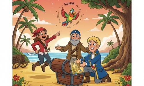 A smiling, brave man—Captain Finley—blond tousled hair, blue coat with gold buttons, kneels before an open wooden chest reaching for gleaming gold coins, his face bright with wonder; a strong, joyful woman, Bella, about 28, tanned skin, red bandana and sword at her side, jumps for joy to the captain's left, pointing at the chest and laughing; a surprised but softened man, Captain Grump, about 45, graying beard and worn brown coat, stands behind with arms slightly open in a gesture of renewed friendship; a small colorful parrot, Polly, green, red and blue, flies above the chest squawking with sand confetti around; Treasure Island beach with golden sand, tall palms, red and yellow tropical flowers, an old wooden cart and a large ancient oak with exposed roots near the chest; warm late-afternoon light, orange-pink sky, calm waves and emerging stars; festive treasure-discovery scene with expressions of wonder, sparkling gold coins and colorful jewels in an open chest centered in the composition, characters arranged around it, friendly adventurous mood, clean lines, bright saturated colors, soft shadows and rounded simple shapes in a 1990s cartoon style.