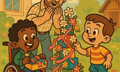 Há três personagens: Tomás, 5 anos, cabelo castanho curto, camiseta amarela com riscas vermelhas e calções azuis, à direita da torre, estende a mão para colocar uma flor; Miguel, 5 anos, cabelo preto encaracolado, veste uma pequena jaqueta verde e está numa cadeira de rodas vermelha brilhante à esquerda da torre, sorri e segura uma caixa de fitas; o pai, cerca de 35 anos, barba rala, camisa às quadrados bege e jeans, está atrás da torre, surpreendido e emocionado, com as mãos preparadas para aplaudir ou abraçar as crianças. Local: jardim ensolarado e colorido, relva verde, algumas flores selvagens cor-de-rosa e amarelas, uma velha casa ao fundo com uma grande janela e uma casinha de madeira (casa do bisavô), céu azul claro com poucas nuvens suaves. Situação principal: grande torre de blocos multicolorida decorada com flores frescas e fitas, ligeiramente inclinada mas estável, as crianças a terminam com alegria; luz quente do sol, sombras suaves, ambiente terno e festivo.