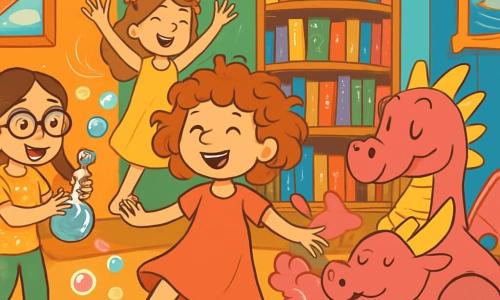 Há 4 personagens: Aurora, uma menina de 9 anos com cabelos cacheados e bagunçados, vestindo um vestido coral e meias diferentes, está no centro, sorridente e pronta para a aventura. Bibi, uma menina de 9 anos com óculos redondos e tranças, usa uma blusa de bolinhas e uma calça verde, está à esquerda segurando um frasco de poção que solta bolhas coloridas. Mel, uma menina de 9 anos com cabelos lisos e uma faixa na cabeça, veste uma túnica azul e um short, está à direita cercada por pequenos animais que a escutam atentamente. Lila, uma menina de 9 anos com cabelos ondulados e uma coroa de flores, usa um vestido amarelo e está um pouco atrás, acenando os braços para invocar uma brisa leve. O cenário se passa na sala principal da Torre dos Tropeços, onde paredes coloridas estão cobertas por tapetes voadores e quadros animados. No centro, uma imensa estante gira, cheia de livros cintilantes, enquanto um dragão de pelúcia rosa brilhante está ao lado, pronto para defender o Grande Livro das Coisas Importantes. A cena principal mostra as quatro amigas rindo e dançando ao redor do dragão de pelúcia, que sopra almofadas de perfume. Risadas ecoam no ar, enquanto bolhas de sabão flutuam ao redor, criando uma atmosfera alegre e mágica.