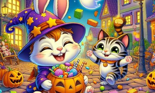 Benny, a small rabbit with big ears and soft fur, wears a wizard hat and shows a wide smile of excitement while holding a basket overflowing with colorful candies. Next to him, Mr. Whiskers, an old cat with sparkling eyes and striped fur, proudly holds a large pumpkin, while Gloria, a friendly ghost in a flowing dress with a warm smile, joyfully floats above them, surrounded by dancing books. The scene takes place on a lively street decorated for Halloween, with houses adorned with sparkling spider webs, glowing pumpkin lanterns, and autumn leaves swirling in the cool night air. Benny, Mr. Whiskers, and Gloria celebrate their victory after solving puzzles to collect candies, creating a joyful and magical atmosphere filled with laughter and camaraderie.