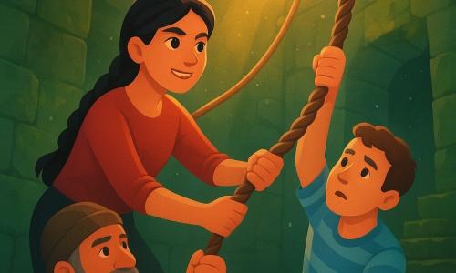 Rosa — vrouw van ongeveer 30 jaar, zwarte gevlochten haren, moedig glimlachend gezicht, vastberaden blik; ze houdt krachtig een dikke aan haar arm opgewonden touw en helpt kameraden klimmen. Pieter — man van ongeveer 20 jaar, rond en licht bezorgd gezicht, blauwgestreept overhemd; hij hangt halverwege een steile stenen wand en klampt zich aan het touw terwijl Rosa hem ondersteunt. Een oudere matroos — man van ongeveer 45 jaar, grijzende baard en eeltige handen; hij duwt van onderen om anderen uit de kuil te helpen. Plaats: oude tempelruïne op een eiland, met mos bedekte stenen muren, gouden lichtstralen door een ronde opening in het plafond, hangende touwen en houten katrollen, vochtige stenen en beschadigde treden. Hoofdscène: warme, dramatische samenwerking van piraten die samen touwen trekken om kameraden uit een diepe kuil te hijsen, geconcentreerde gezichten, druppels en stof in het licht, warme kleuren en zachte contrasten.