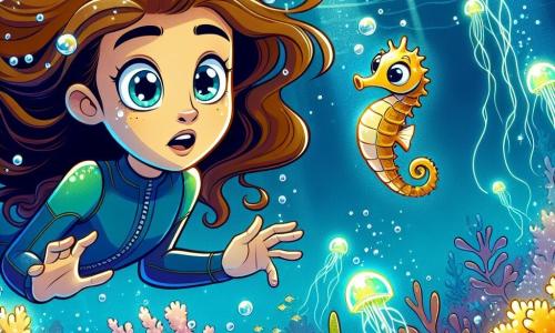 Een 10-jarig meisje, Nina, met lange bruine haren die in het water drijven, draagt een blauwe duikpak. Ze heeft grote, verbaasde ogen en een verwonderde glimlach op haar gezicht terwijl ze zwemt tussen kleurrijke vissen. Naast haar zwemt een kleine glimlachende zeepaard met een gouden tint en glinsterende schubben, vrolijk drijvend in het water. De achtergrond is een magische onderwaterwereld, gevuld met levendige kleurrijke koralen, luchtbellen die naar de oppervlakte stijgen en lichtstralen die door het water filteren en de zeedieren verlichten. Nina ontdekt een groep lichtgevende kwallen die om haar heen dansen, wat een betoverende en fascinerende sfeer creëert.