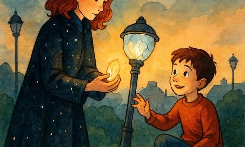 Eine heldenhafte Frau mit sanftem, konzentriertem Gesicht und kupferwelligem Haar trägt einen langen dunklen Mantel mit kleinen leuchtenden Punkten wie ein Sternenhimmel; sie hält einen warm leuchtenden Kristall und setzt eine defekte Signalleuchte wieder in Gang, ihr Blick ist wohlwollend und entschlossen, neben ihr sitzt ein etwa neunjähriger Junge mit kurzen kastanienbraunen Haaren, aufgerissenen Augen und schüchternem Lächeln auf einem grasbewachsenen Hügel, er reicht helfend die Hand und schaut bewundernd zu ihr. Im Hintergrund ein städtischer Park bei Dämmerung mit grüner Wiese, vereinfachten Büschen, ausgeschalteten Laternen und Dachsilhouetten; die Signalleuchte ist ein einfacher Metallpfahl mit einem rissigen Glasglobus, der warm-bläuliches Licht ausstrahlt. Die Bildstimmung: farbige Tinte mit sanften Lasuren, warme/kühle Kontraste, klare Linien für die Figuren, funkelnde Muster auf dem Mantel, zentral auf Leuchte und beide Figuren fokussierte, beruhigend-magische Atmosphäre.