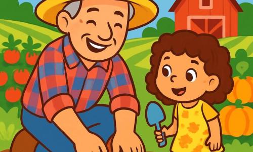 Un hombre de unos 50 años, con una amplia sonrisa cálida, lleva un gran sombrero de paja y una camisa a cuadros rojos y azules. Está agachado en un campo verde, con las manos en la tierra, plantando semillas con cuidado. A su lado, una niña de 8 años, con cabello rizado y ojos brillantes, observa con curiosidad, sosteniendo una pequeña pala de plástico. Ella viste un vestido amarillo con flores y lleva botas de goma coloridas. El lugar es una granja soleada, rodeada de campos de verduras coloridas, con filas de tomates rojos y calabazas doradas. Al fondo, hay un granero rojo brillante bajo un cielo azul salpicado de nubes blancas esponjosas. La escena principal muestra al hombre y a la niña trabajando juntos, compartiendo un momento alegre y cómplice mientras plantan semillas en la tierra fértil, simbolizando el amor por la naturaleza y el trabajo en equipo en la granja.
