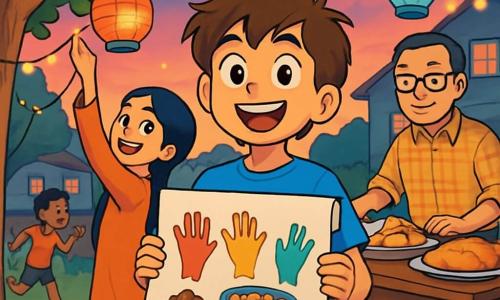 A 12-year-old boy, Sami, stands at the center of the scene with sparkling eyes and a wide smile. He has messy brown hair and is wearing a bright blue t-shirt and beige shorts. In his hands, he holds a large roll of paper on which he has drawn colorful hands and dishes for a community iftar. Next to him, his sister Layla, a 10-year-old girl with long black braided hair, is busy hanging colorful paper lanterns in a tree. She looks joyful and focused, with a bright smile lighting up her face. In the background, their neighbor Mr. Park, a middle-aged man with glasses and a checkered shirt, sets up a wooden table filled with delicious dishes like samosas and golden bread. He warmly smiles at the children, ready to help them. The scene takes place in a lively courtyard, adorned with twinkling lights and hanging lanterns, creating a festive and welcoming atmosphere. Children play around, laughing and running, while a twilight sky tinged with pink and orange stretches above them. The main situation shows Sami and Layla preparing a community iftar, surrounded by neighbors and friends, all united in the joy and excitement of sharing a meal together under the soft light of the lanterns.