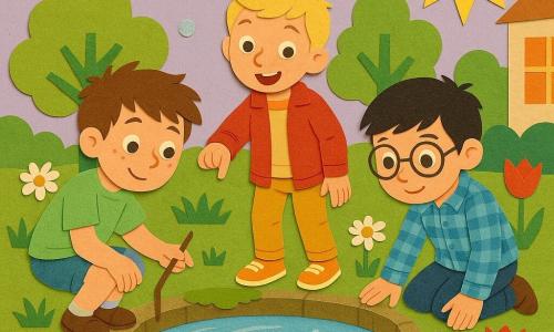 Drie jongens van 9 jaar: links een warrig bruinharig jongetje met sproeten, lichtgroen T‑shirt en spijkershort dat voorzichtig een tak vasthoudt en licht gehurkt bij de rand van de vijver; in het midden een blond jongetje met korte haren, rode jas en gele schoenen, staand en opgewonden wijzend naar het water; rechts een zwartharig jongetje met ronde bril en blauw geruit overhemd, knielend en kijkend naar kikkerdril. Opstelling in een klein lente-schooltuinhoekje achter een haag, gras met madeliefjes en papieren tulpen, ronde mosbegraste vijver met helder blauwig water, enkele waterlelies en zichtbare kransen kikkerdril, op de achtergrond papieren boomsilhouetten, lavendelhemel en een geel papieren zonnetje. Sfeervolle, vrolijke ontdekking van een geheimpje op het schoolplein, kinderen in halve cirkel rond de vijver, kleurrijk papierachtig werk met zachte slagschaduwen, fladderende vlinders en glinsterende waterbelletjes.