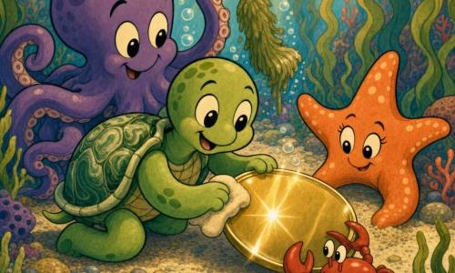 Una piccola tartaruga verde personaggio principale, viso rotondo e occhi grandi, sorridente e concentrata, carapace marmorizzato di verde chiaro e scuro, tiene delicatamente una lastra lucida con le zampe e la strofina piano; un polpo viola, Pipo, tentacoli morbidi e sguardo dolce e malizioso, usa un tentacolo come spazzola d'alga accanto alla tartaruga, leggermente dietro a sinistra; una stella marina aranciocorallo, Stella, occhi scintillanti e sorriso calmo, spinge delicatamente i granelli di sabbia con un braccio piatto davanti alla lastra a destra; un piccolo granchio rosso, Gino, chele sottili e sguardo attento, stabilizza la lastra tenendo un bordo con cautela in basso a destra vicino alle zampe della tartaruga; ambientato in un giardino di alghe sottomarino colorato con alghe lunghe e ondulate, ciottoli rotondi, bolle luminose e raggi dorati che filtrano nell'acqua; gli amici puliscono insieme la lastra sotto una roccia con gesti lenti e accurati in un'atmosfera calorosa e collaborativa, riflessi che cominciano a brillare sulla lastra.