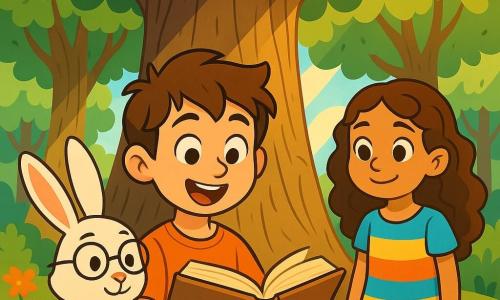 Un ragazzo di 10 anni, di nome Marco, con capelli castani e occhi pieni di curiosità, si trova davanti a un grande albero secolare. Il suo viso esprime meraviglia ed eccitazione mentre tiene in mano un libro antico, le pagine leggermente mosse dal vento. Accanto a lui, un coniglio parlante di nome Oliver, con un pelo bianco splendente e occhiali rotondi, osserva attentamente il libro, con le orecchie dritte. Più in là, una ragazza di 10 anni, Sofia, con lunghi capelli ricci e vestita con un abito colorato, guarda Marco con un sorriso incoraggiante, pronta ad aiutarlo in questa avventura. Il luogo è una foresta incantata, piena di alberi maestosi e foglie verdi brillanti, illuminata da raggi di sole che filtrano tra il fogliame. Fiori multicolori punteggiano il terreno, aggiungendo un tocco di magia all'ambiente. La scena principale mostra Marco, Oliver e Sofia riuniti attorno all'albero, mentre scoprono insieme il libro misterioso che li trasporta in un mondo fantastico, simboleggiando l'inizio del loro incredibile viaggio.