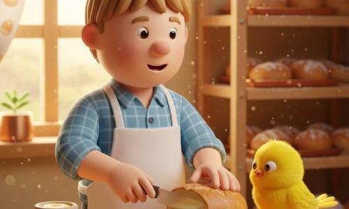Lukas, freundlich lächelnd mit kurz hellbraunen Haaren und einem mehlbestäubten weißen Schürze über einem blau karierten Hemd, schneidet sanft eine goldene Brotscheibe; eine kleine, leuchtend gelbe, flauschige Vogeljunge mit großen neugierigen Augen sitzt am Tischrand und pickt leicht in die Kruste; keine weiteren Personen; die gemütliche Bäckerei mit hellen Holzregalen und glänzenden Kupferblechen, leicht mehlstaubig, wird von goldenem Morgenlicht durch ein großes Fenster mit Brötchenmuster-Vorhang durchflutet; gemeinsam bereiten sie ein Sandwich vor — geschnittenes Brot, Butterglas, schmelzende Käsescheibe und knackige Salatblätter auf dem Holztisch; sanfte Stimmung, Pastellfarben, runde glatte Texturen im niedlichen 3D-Spielzeugstil.