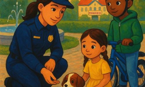 O femeie polițistă în jur de treizeci de ani, păr castaniu prins în coadă, uniformă bleumarin curată cu insigne strălucitoare, față calmă și binevoitoare, îngenunchează și întinde o mică gustare către un cățeluș, postură blândă și liniștitoare; o fetiță de ~7 ani, păr brun împletit, rochie galbenă, ține o lesă mică roșie și privește ușurată în prim-plan, stânga polițistei; un băiat de ~10 ani, cască de bicicletă prost fixată și geacă verde, stă în dreapta ușor retras, privire admirativă lângă o bicicletă; cățelușul "Pufi", mic, pătat brun și alb, urechi lăsate, privire timidă dar curioasă, se află în centru lângă un tufiș jos; locul este un sens giratoriu liniștit cu o fântână rotundă în fundal care aruncă picături sclipitoare, trotuar din piatră, gard viu tuns și un panou colorat al primăriei la distanță; lumină blândă de sfârșit de după-amiază, umbre lungi și tonuri calde; situație principală: reîntâlnire liniștitoare — polițista calmă ajută fetița să își recupereze cățelușul pierdut, atmosferă prietenoasă și sigură, detalii clare (pliurile uniformei, textura blănii, reflexia apei).