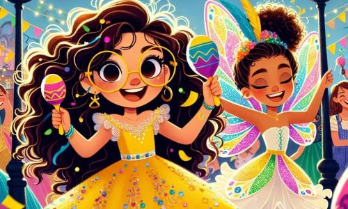A 12-year-old girl, Maya, with round glasses and curly hair, wears a bright yellow dress adorned with sparkling sequins. She smiles excitedly, holding colorful maracas, her eyes sparkling with joy. Next to her, her best friend Yasmine, also 12, with shimmering cellophane fairy wings, dances energetically, her long hair flowing around her. The setting is a lively square decorated with colorful garlands and floating confetti, with illuminated street lamps casting a warm glow on the scene. People in vibrant costumes dance and laugh around them, creating a festive atmosphere. The main situation shows Maya and Yasmine at the heart of a carnival, where Maya enthusiastically plays the maracas, leading the crowd in a joyful, impromptu dance, while laughter and music fill the air.