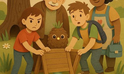The main character is Moss, a small pinecone-shaped creature with a fuzzy body, shiny button eyes and a tuft of grass-green hair; they look determined and warm and gently rest a tiny hand on a carved folding wooden sign. To Moss’s left stands Juno, an about 11-year-old girl with short brown hair, a curious gaze and furrowed brow, confidently placing her hand on the sign. To Moss’s right is Eli, an older boy in a mismatched T-shirt and backpack, surprised but reassured, leaning forward with hands ready to join. Behind them, Grandad Stan, an elderly man in a wool hat with a white mustache, smiles softly and rests a hand on Juno’s shoulder, solid and protective. Mrs. Patel, a middle-aged woman in a colorful apron holding a lunch bag, stands at the rear right with hands on her hips, kindly and proudly watching. The setting is a park with paper-like textured ground, cut-out tall grasses and scattered daisies, a gnarled old oak trunk with a cavity where the sign rests, and a small glowing pool at the tree’s base emitting a sparkling ribbon of light. The scene shows the small adventurers gathered at the oak around a wooden sign pointing to three paths, all placing a hand on it with a shared look of decision and warmth, lit by a ribbon of light winding from the sign along the path.