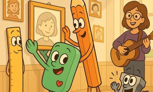 Een antropomorfe groene gum genaamd Gummie, vrolijk en goedgezind met glanzende ronde ogen en een klein rood hartje opzij, staat op haar tenen en zet een portret in een gouden lijst recht. Een smal oranje houten potlood genaamd Potlood, bemoedigend glimlachend, staat achter Gummie en helpt het lijstje stabiliseren. Een slanke gele houten liniaal genaamd Liniaal, wat verlegen met een bescheiden glimlach, heeft haar portret licht scheef links van de groep hangen. Een klein energiek metalen puntenslijpertje, Puntenslijper, huppelt rechts en klapt enthousiast. Juf Noor, een vrouw met bruin haar en bril en een gitaar in de hand, staat iets verderop glimlachend toe te kijken. De scène speelt in een lichte schoolhal met gepolijste houten vloer, lichte muren met vele ingelijste kinderportretten en kleurrijke slingers, en hoge ramen die warme licht binnenlaten; sfeer warm, dynamisch en vol kameraadschap, levendige kleuren en duidelijke papier- en houttexturen.