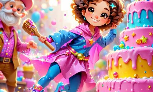 Lucía, una niña de cabello rizado y dorado, lleva un brillante traje de superheroína en colores vivos de rosa y azul. Tiene una gran sonrisa alegre y ojos chispeantes de emoción, lista para saltar al aire. Sus zapatillas, unas deportivas brillantes, están adornadas con clips que parecen mágicos. A su lado, Don Pancito, un hombre de unos 60 años con una barba blanca y un delantal de panadero, mira a Lucía con admiración. Sostiene una espátula de madera y está justo debajo del Gran Pastel, un enorme pastel colorido que rebota en el aire. La escena tiene lugar en la vibrante Plaza Gluglú, llena de risas de niños, flores coloridas y bancos de madera. Globos flotan en el cielo azul y las palmeras bailan suavemente al viento. Lucía salta con entusiasmo justo cuando el Gran Pastel rebota sobre su cabeza, creando una explosión de crema y confeti, mientras los niños a su alrededor ríen y aplauden.