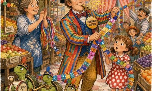 A smiling, kind Mr. Pippin Plod wears a colorful striped coat, a hat with a large orange feather, a shiny round 