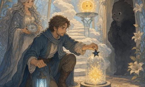 Erian, an adult man with a gentle, slightly tired face, determined gaze and bright eyes, kneels before a cloud staircase holding a pale blue lantern and carefully placing a small dark star to bring it close to a warm golden star under a glass dome; Mirra, an adult woman with floating silver-gray hair and a calm, wise face, stands slightly behind to the left watching the reunion while holding a shimmering silver compass; Saffron-Hush, a nonhuman secondary character, is the bright half of the star—a small honey-gold glowing sphere—floating above a glass pedestal with a soft balanced light; Hearth, another secondary character in a protective rounded silhouette of soft soot with blurred edges, remains respectfully back near the door, showing surprise and relief; the setting is the interior of an upside-down teardrop tower, a low circular chamber with smooth stone floor, a sun-patterned woven rug, walls of glass lines and pale lilies, mixed golden and blue light filtering through a dome, creating a warm, intimate, mysterious atmosphere; the key moment is the dark star and the golden star nearing and beginning to merge, emitting a blended gold-and-night halo with fine sparkles like spun sugar, the characters showing relief, wonder and gentleness; centered composition, contrasting gold and midnight-blue colors, soft paper-and-brush textures, warm focused lighting on the stars.