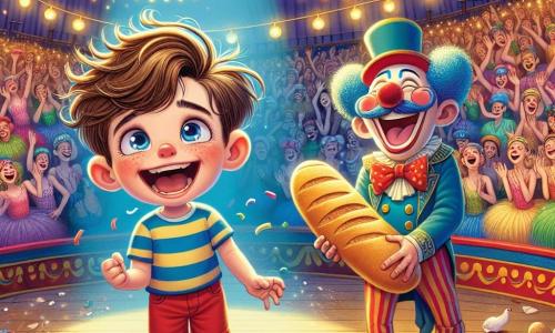 Um menino de 6 anos, Pedrinho, com cabelos castanhos bagunçados e um grande sorriso maravilhado, está no centro de uma pista de circo. Ele usa uma camiseta listrada azul e amarela, além de shorts vermelhos, segurando uma baguete gigante, com os olhos brilhando de alegria e excitação. Ao lado dele, um palhaço divertido, de cerca de 30 anos, com um nariz vermelho redondo e uma peruca azul, faz caretas enquanto segura um pequeno guarda-chuva colorido, rindo da situação. Ao fundo, artistas em trajes vibrantes, como acrobatas em tutu e malabaristas com bolas coloridas, contribuem para a atmosfera festiva. O local é uma grande tenda de circo, decorada com luzes cintilantes, com assentos de madeira cheios de espectadores sorridentes. A cena principal mostra Pedrinho rindo enquanto uma chuva de confetes coloridos cai ao seu redor, criando uma atmosfera mágica e alegre.