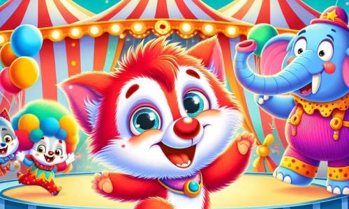 Un vulpix jucăuș numit Vasile, cu blană roșie strălucitoare și ochi plini de curiozitate, dansează vesel în centrul unei scene de circ, cu un zâmbet mare pe față. Lângă el, un clown jovial numit Bobi, cu nas roșu, perucă mare colorată și costum cu buline, râde sărind și făcând grimase. În fundal, un elefant măreț numit Ella, cu urechi mari și trompă răsucită, jonglează cu baloane colorate, având o expresie concentrată. Circul este decorat cu lumini strălucitoare, panglici colorate și un mare cort cu dungi, creând o atmosferă festivă și magică. Scena îl arată pe Vasile sărind și dansând, înconjurat de râsete și bucurie, capturând spiritul ludic și încântător al circului.