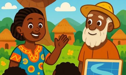 Amina, o femeie africană de aproximativ treizeci de ani, stă sub un baobab majestuos, cu un zâmbet cald și ochi strălucitori de înțelepciune. Poartă o rochie colorată cu motive tradiționale, iar părul îi este împletit cu grijă. Ridică o mână prietenoasă în timp ce vorbește cu sătenii. Un bătrân înțelept, un bărbat de aproximativ 70 de ani, cu o barbă lungă și riduri care spun povești, stă lângă Amina, ascultând-o cu atenție. Poartă o tunică simplă și o pălărie din paie, privindu-o pe Amina cu admirație. Locul este un sat african pitoreasc, cu case din lut și acoperișuri de stuf, înconjurat de câmpuri verzi și flori colorate. Cerul este de un albastru strălucitor, presărat cu nori albi pufoși. Amina propune o soluție pentru a împărți apa unui pârâu, în timp ce sătenii, adunați în jurul ei, ascultă cu interes și speranță, pregătiți să colaboreze pentru a construi un canal.