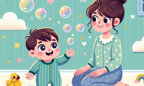 A one-year-old boy with bright eyes and a beaming smile is sitting on the floor, surrounded by colorful bubbles. He is wearing a blue and green striped pajama and reaching out to the bubbles with a look of joy and wonder. Next to him, his mother, a woman in her thirties with brown hair in a bun, gentle eyes, and an amused smile, looks at her son with tenderness while leaning slightly forward. The scene takes place in a cozy room decorated with pastel walls featuring stars and clouds. A fluffy rug is spread on the floor, and scattered toys add a touch of magic. The little boy is happily playing with the bubbles floating around him, while bouncing socks and rubber ducks dance joyfully around him, creating a playful and enchanted atmosphere.