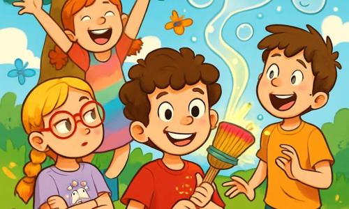 Es gibt vier Kinder: Bene, ein 10-jähriger Junge mit großen braunen Locken, einem schelmischen Lächeln und funkelnden Augen, steht in der Mitte und hält eine alte, bunte Bürste, die magisch leuchtet. Leni, ein 9-jähriges Mädchen mit geflochtenen blonden Haaren, runden Brillen und einem T-Shirt mit Einhorn-Motiven, steht links von Bene mit verschränkten Armen und einem neugierigen Blick. Max, ein etwas größerer 10-jähriger Junge mit zerzausten braunen Haaren und einem erstaunten Gesichtsausdruck, lacht rechts von Bene, während er versucht, eine schwebende Seifenblase zu fangen. Mia, ein 9-jähriges Mädchen mit roten Haaren und Sommersprossen in einem bunten Kleid, springt hinter Bene vor Freude mit erhobenen Armen in die Luft. Die Szene spielt in einem sonnigen Garten voller leuchtender Blumen und einem majestätischen alten Eichenbaum im Hintergrund. Bunte Schmetterlinge fliegen um sie herum, und der Himmel ist strahlend blau mit flauschigen weißen Wolken. Die Kinder haben Spaß mit der magischen Bürste, die funkelnde Funken abgibt, während riesige Seifenblasen um sie herum schweben, einige in lustigen Formen wie Tiere und Sterne, während sie lachen und die Magie um sie herum bewundern.