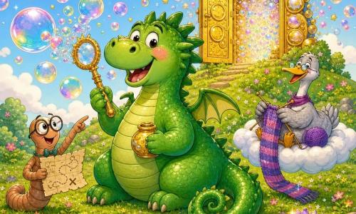 A plump, bright green dragon with shiny scales, small rounded wings, a spiraled tail and a joyful, slightly awkward smile blows colorful bubbles with a golden bubble wand; a small polite light-brown worm with round glasses holds a crumpled map and points toward a treasure at the dragon's left; a gray goose with a yellow beak sits on a fluffy cloud behind the dragon, knitting a long scarf and looking good-naturedly grumpy; smiling purple water lilies with sparkling teeth float on a clear lake in front; setting: a bouncy green grassy hill under a pastel sky with cottony clouds and a large golden door adorned with bubble and star motifs at the top; scene: the dragon has just opened the treasure door and a cascade of multicolored bubbles erupts like fireworks around the characters, festive mood, saturated colors, clear contours, warm joyful lighting, composition centered on the dragon and golden door.
