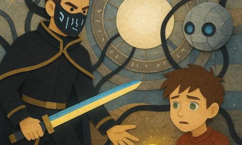 Un hombre — Nairo — determinado y concentrado, mirada resuelta, uniforme negro con bordes dorados y máscara de navegación con runas plateadas luminosas, sostiene una varita-láser que proyecta una hoja de luz azul-dorada; un niño de unos 11 años — Lio — preocupado pero valiente, con pelo castaño despeinado y ojos verdes, extiende las manos para insertar un pequeño nudo luminoso en el orbe central; cerca flota una esfera mecánica llamada Dama Kiri, del tamaño de una sandía, carcasa metálica pulida y ojos de cristal azul que emiten débiles halos; la sala del Núcleo muestra un gran orbe blanco flotante en el centro con anillos metálicos grabados que giran, paredes de metal y vidrio y cables luminosos como lianas; hilos negros en forma de tentáculos intentan alcanzar el orbe, creando contraste con los tonos cálidos del nudo y el brillo de las runas; escena dramática del momento en que Lio coloca el nudo y Nairo lo protege con su hoja de luz, en un estilo de composiciones en capas tipo papel recortado con texturas pegadas, bordes visibles, sombras proyectadas, colores vivos y contrastes nítidos.