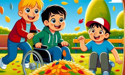 Em um parque ensolarado, três amigos brincam juntos. Miguel, um garoto de 10 anos com cabelos castanhos e óculos, está sentado em sua cadeira de rodas, sorrindo alegremente. À sua direita, Lucas, um garoto de 9 anos com cabelos loiros e olhos brilhantes, corre em direção a uma grande pilha de folhas coloridas. À esquerda, Tomás, um garoto de 10 anos com cabelos negros e um boné vermelho, se agacha atrás de uma árvore, pronto para pular nas folhas. O parque é cheio de árvores majestosas com folhas verdes, e o chão está coberto de folhas douradas e vermelhas que caem suavemente. O céu é azul com algumas nuvens brancas, e uma brisa suave faz as folhas dançarem. Os três amigos estão prestes a pular juntos em uma enorme pilha de folhas, rindo e se divertindo, ilustrando a alegria da amizade e a felicidade de brincar juntos, não importa as diferenças.