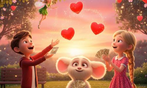 Four characters: Max, 11, short brown hair, red jacket and blue jeans, laughing and throwing a sparkling card to the right (front left); Lily, 11, blond braid, pink polka-dot dress, clapping and holding glittering cards (front right); Tilly, a tiny fairy the size of a pencil with rainbow translucent wings and a shiny green dress, hovering above and sprinkling a trail of gold dust; Huxley, the Heart Juggler, a cream-furred, plush-eared creature with round mischievous eyes at center, juggling several shiny red hearts. Setting: a park at sunset with green lawn, paved path, wooden bench, heart-shaped decorations and string lights in the trees, a pink-orange sky, small glowing flowers and floating magical sparkles. Main scene: joyful, dynamic composition centered on Huxley tossing gleaming hearts, Tilly spreading gold dust, Max and Lily laughing and playing with sparkling cards; warm colors, strong contrasts, soft sunset lighting, 3D cartoon film animation style, festive friendly atmosphere.