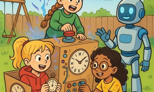 Vier personages: Lotte (10) met blonde staart, rode capuchontrui, zit links in een grote kartonnen 