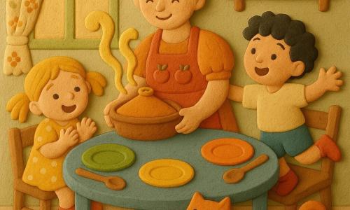 Cuoca sorridente dai capelli castano chiaro raccolti in chignon, grembiule rosso con mele ricamate, occhi grandi, tiene un grande tajine ovale in terracotta, veste con abito a maniche a sbuffo; bambino di 6 anni dai ricci neri e guance rosate salta su una sedia di legno, tende la mano verso il piatto; bambina di 5 anni con trecce bionde e vestito giallo a pois bianchi applaude gioiosa accanto al bambino, seduta a sinistra della cuoca; vecchio gatto rosso di plastilina con occhi a perla si infila sotto il tavolo con la coda a S guardando il tajine; cucina calda con muri verde mela, mensole in legno chiaro, pavimento beige, grande finestra con tende a fiori che lascia passare luce dorata, cesto di verdure colorate sul piano di lavoro; grande tavolo rotondo dipinto di blu al centro con piatti colorati e cucchiai di legno, vapore stilizzato giallo che sale dal tajine; scena conviviale e magica mentre la chef posa il tajine fumante al centro del tavolo, texture di plastilina, forme semplici e colori vivaci.