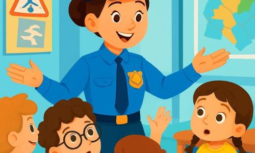 Una mujer policía sonriente, con cabello castaño recogido en un moño, lleva un uniforme azul brillante y una placa reluciente en su pecho. Está de pie, con los brazos abiertos, recibiendo alegremente a un grupo de niños. Entre ellos, un niño de 8 años, Tomás, con gafas redondas y cabello rizado, levanta la mano con curiosidad, mientras que una niña de 7 años, Clara, con trenzas y una camiseta amarilla, mira con ojos muy abiertos. Están cerca de la policía, rodeados de otros niños, todos ansiosos por aprender. La escena tiene lugar dentro de una comisaría colorida, con paredes pintadas de azul claro, carteles sobre seguridad y mapas colgados. Juguetes y placas de plástico están esparcidos sobre una gran mesa de madera. La policía explica con entusiasmo a los niños cómo actuar en caso de una situación extraña, mientras ellos escuchan atentamente, sus rostros iluminados por la emoción y la curiosidad.