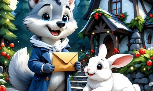 Leo, un piccolo lupo dal pelo grigio-argento che brilla alla luce, si trova davanti alla casa di Babbo Natale, con gli occhi spalancati per la meraviglia e un grande sorriso sul volto. Tiene una lettera preziosa tra i denti, pronto a consegnarla. Accanto a lui, Briciola, un coniglietto bianco dalle lunghe orecchie, salta di gioia, con gli occhi scintillanti di eccitazione mentre guarda la casa illuminata. La scena si svolge davanti a un chalet di legno, decorato con festoni scintillanti e circondato da fiocchi di neve che cadono dolcemente. Renne dagli occhi dolci pascolano pacificamente nel giardino, aggiungendo un tocco di magia all'atmosfera. Leo e Briciola stanno per consegnare la lettera a Babbo Natale, creando un momento di attesa e gioia in questo scenario incantato di Natale.