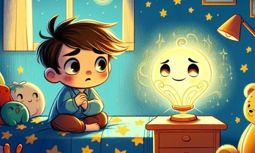 Un ragazzino di nome Marco, con i capelli castani arruffati e gli occhi brillanti di curiosità, è seduto sul suo letto, circondato da peluche. Ha un'espressione preoccupata, con le sopracciglia aggrottate e le mani serrate sulle ginocchia, mentre guarda una lampada magica che brilla dolcemente accanto a lui. La lampada, chiamata Luma, è un personaggio luminoso con un corpo a forma di nuvola e un volto sorridente. Emette una luce dorata e calda, sembrando rassicurante mentre fluttua sopra il comodino, illuminando la stanza con un bagliore tenue. La camera di Marco è decorata con pareti blu e stelle dorate, un tappeto morbido e giocattoli sparsi. La finestra è aperta, lasciando entrare una leggera brezza, e le ombre danzano sulle pareti, creando un'atmosfera magica e un po' spaventosa. La scena principale mostra Marco, un po' spaventato dal buio, mentre Luma, con la sua luce confortante, gli parla dolcemente per rassicurarlo, trasformando la paura del buio in un'avventura piena di sogni e stelle.