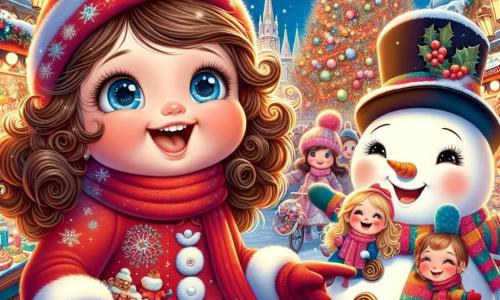 In the center of the image, a six-year-old girl named Lily has big blue eyes and curly brown hair. She wears a red scarf and matching gloves, smiling joyfully while holding her friend's hand. To her right is Emma, another girl her age with blonde hair and a colorful winter dress, laughing as she spins around. Next to them is a snowman named Frosty, with a big belly, a carrot nose, and a top hat, looking at them with a friendly smile. 

The setting is a magical Christmas market filled with colorful stalls selling sweets and decorations. Twinkling lights illuminate the area, while large snowflakes gently fall from the sky. In the background, a huge Christmas tree, decorated with garlands and shiny ornaments, stands majestically, surrounded by joyful families singing carols.

The main scene shows Lily and Emma, hand in hand, laughing and dancing around Frosty as they search for Lily's family, creating an atmosphere of joy and camaraderie in the heart of the Christmas magic.