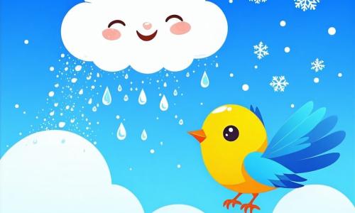Una pequeña nube suave y esponjosa, llamada Nubi, flota alegremente en un cielo azul brillante, con una gran sonrisa en su rostro. Ella derrama pequeñas gotas de agua que se transforman en copos de nieve brillantes. Junto a ella, un pajarito colorido con plumas amarillas y azules, con ojos chispeantes de alegría, vuela en círculos, cantando felizmente. Está encantado de jugar con Nubi y se encuentra justo debajo de ella, observando los copos caer. En el suelo, un grupo de conejitos de pelajes blancos y marrones, con ojos brillantes de emoción, se divierten construyendo un muñeco de nieve. Saltan y ríen, rodeados de un manto de nieve brillante que brilla bajo el sol de invierno. La escena tiene lugar en un parque invernal, donde los árboles están cubiertos de nieve, y el suelo está salpicado de copos brillantes. Los conejitos, Nubi y el pajarito se divierten juntos, creando una atmósfera de alegría y camaradería en este paisaje invernal de cuento de hadas.