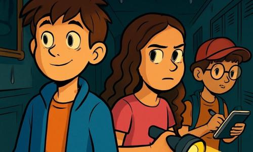 Um garoto de 12 anos, Lucas, com cabelos castanhos bagunçados e vestindo uma jaqueta azul, está em um corredor escuro de uma escola. Seu rosto exibe uma expressão de intensa curiosidade, com olhos arregalados e um leve sorriso de excitação. Ao seu lado, Mariana, uma garota de 12 anos com cabelos longos e cacheados, usa uma camiseta rosa e segura uma lanterna na mão, olhando ao redor com um ar determinado. Um pouco mais adiante, Pedro, um garoto de 12 anos com óculos redondos e um boné vermelho, segura um caderno e parece estar anotando, concentrado em sua investigação. O corredor é decorado com velhos quadros e armários de metal, com sombras projetadas pela luz tremulante da lanterna. Gotas de água caem do teto, adicionando uma atmosfera misteriosa à cena. Lucas, Mariana e Pedro estão explorando a sala dos professores, intrigados por uma luz misteriosa que brilha no fundo da sala, prontos para descobrir o segredo escondido da escola, com suas lanternas iluminando o caminho à frente.