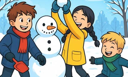 Er zijn 3 personages: - Sam: een 10-jarig jongen met rommelig bruin haar, in een grote blauwe parka en een rode sjaal. Hij glimlacht met rozige wangen door de kou en houdt een klein plastic schepje vast. - Noor: een 9-jarig meisje met lange zwarte vlechten en een felgele jas. Ze lacht met opgeheven armen, alsof ze een sneeuwbal gaat maken. - Milo: een 8-jarig, kleiner jongetje met blond haar en een groene sjaal. Hij glijdt over de sneeuw met zijn armen wijd uit elkaar om zijn evenwicht te bewaren. De scène speelt zich af in een winterpark, waar de sneeuw de grond bedekt als een dikke witte tapijt. Kale bomen, versierd met glinsterende rijp, staan om hen heen. In de verte is een grote sneeuwman te zien met een wortel als neus en zwarte knopen. De lucht is helderblauw met donzige wolken. De hoofdscène toont de drie vrienden die samen in de sneeuw spelen, lachen en zich vermaken met het bouwen van een sneeuwman. Sam verzamelt sneeuw voor de romp, Noor maakt een sneeuwbal, terwijl Milo vrolijk over de besneeuwde grond glijdt.