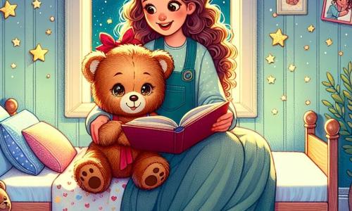 Mia, a two-year-old girl with big bright eyes and curly hair, is sitting on her bed holding her teddy bear, Mr. Cuddles, a brown stuffed bear with a red bow around its neck. Beside her, her mother, a smiling woman in her thirties with long brown hair, sits on the edge of the bed reading a story, softly illuminated by light on her face. Mia's room is cozy, with pastel blue walls, golden stars stuck to the ceiling, and colorful toys scattered on the floor. A window lets in moonlight, casting soft shadows on the floor. The main scene shows Mia and her mother sharing a tender moment as the mother tells a story to ease Mia's fear of the dark, surrounded by a magical atmosphere where stars twinkle outside, turning the night into a sweet dream.