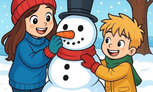 A 10-year-old girl, Mila, with long brown hair and rosy cheeks, joyfully smiles while building a snowman. She wears a big blue sweater, a red hat, and colorful gloves, her eyes shining with excitement. Next to her, her 6-year-old little brother Jonas, with messy blonde hair and a mischievous smile, holds a large piece of carrot for the snowman's nose. They are in a peaceful garden covered with a thick layer of sparkling snow under a clear blue sky, with an old oak tree with bare branches in the background. The scene shows Mila and Jonas laughing and playing, surrounded by gently falling snowflakes, creating a joyful winter atmosphere.