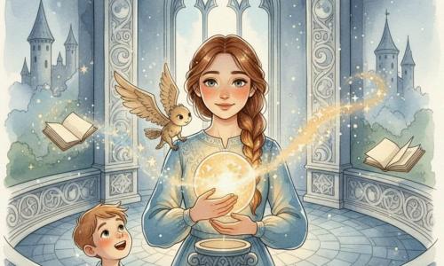A young woman with braided chestnut hair, a soft face and bright eyes holds against her chest a glowing crystal orb that emits star-like filaments, her expression amazed and serene in warm light; a small parchment creature named Quill with page-like wings and ink-black eyes perches on her shoulder, fluttering as if whispering stories; a seven-year-old boy stands on a stone balcony below, mouth open in admiration, lit by the orb's starlight. The chamber is tall and round with smooth stone walls engraved with lunar motifs, a blue-gray mosaic floor and a pointed arched window letting in silver moonlight; the orb floats above a carved pedestal in a magical, historic atmosphere with distant medieval towers and falling star-dust. Palette: soft watercolor tones—midnight blues, silver, warm ochres and a touch of gold—wet textures, transparent washes, delicate contours; mood calm, wondrous and intimate, blending historic architecture with fairy touches.