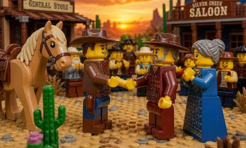 A 30-year-old cowboy with a square face, bright eyes, determined brows, wide brown hat, brown leather jacket and dusty boots smiles confidently as he reaches to shake hands with a wary 50-year-old rancher in dark red attire whose crossed arms relax; beside them stands a relieved 48-year-old woman with gray hair in a bun and a simple blue dress, and behind the cowboy a large light-brown horse named Dusty with a blonde mane and visible leather saddle; the handshake takes place at sunset in a small dusty town square with two wooden storefronts, cacti and sandy ground with hoofprints, a faint rainbow and orange sky, and miniature LEGO residents clapping in the warm, richly textured plastic-brick scene.