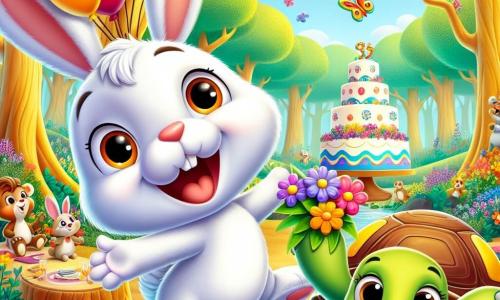 O Coelhinho Tico, um pequeno coelho de grandes orelhas e pelagem branca, está pulando de alegria, com um grande sorriso no rosto. Seus olhos brilham de excitação enquanto ele segura um buquê de flores coloridas com suas pequenas patas. Ao seu lado, a Tartaruga Tati, uma tartaruga de carapaça verde e olhos doces, sorri entusiasticamente, segurando balões coloridos que flutuam no ar. A cena acontece na Floresta dos Sorrisos, um lugar mágico cheio de árvores com troncos dourados e flores vibrantes que dançam ao vento, sob um céu azul brilhante. Ao longe, vê-se um grande bolo de festa decorado com flores, colocado sobre uma toalha xadrez, cercado por animais alegres. A situação principal mostra Tico e Tati preparando uma surpresa para o Coelho Caramelo, o pai de Tico, que chega com um ar curioso, pronto para descobrir a festa do Dia dos Pais que seus amigos organizaram para ele.