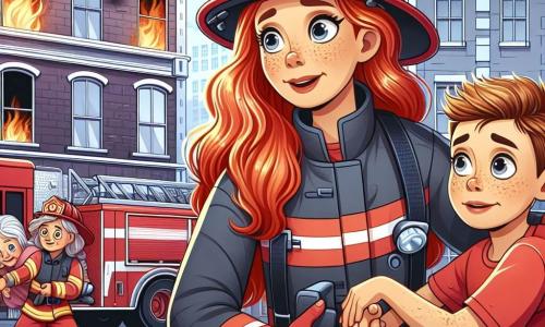 Eine Feuerwehrfrau, Anna, steht im Vordergrund mit glänzendem roten Haar, trägt eine leuchtend rote Uniform und einen Sicherheitshelm. Sie hat einen entschlossenen und mutigen Gesichtsausdruck, während sie einer alten Dame hilft, aus einem brennenden Gebäude zu kommen. Neben ihr schaut ein etwa 10-jähriger Junge mit Sommersprossen und einem roten T-Shirt bewundernd mit weit aufgerissenen Augen zu, während er die Hand seiner besorgten, aber dankbaren Mutter hält, die etwas im Hintergrund steht. Der Ort ist ein städtisches Viertel mit einem zweigeschossigen Gebäude im Hintergrund, dessen Fenster von schwarzem Rauch umgeben sind, während Flammen im Inneren tanzen. Im Hintergrund sind Feuerwehrleute um ein großes rotes Feuerwehrfahrzeug beschäftigt, mit ausgerollten Schläuchen und blinkenden Lichtern. Die Hauptsituation zeigt Anna, die die alte Dame rettet, während der Junge und seine Mutter die Szene beobachten, was den Mut und den Teamgeist der Feuerwehrleute in der Notlage veranschaulicht.
