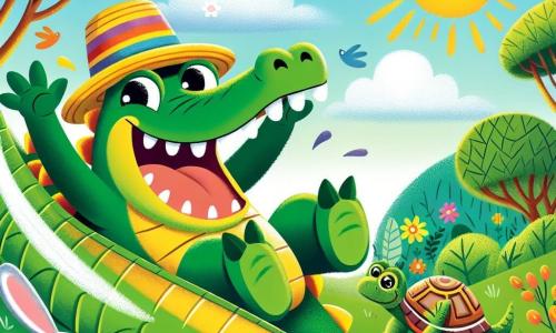 Um crocodilo feliz com um grande sorriso e um chapéu colorido, deslizando sobre uma folha verde em uma floresta ensolarada. Suas escamas brilham em um verde vibrante e seus olhos brilham de travessura. Ao lado dele, um coelhinho travesso com grandes orelhas brancas, pulando de alegria, e uma tartaruga com o casco listrado, que observa com um sorriso divertido. O fundo mostra árvores majestosas com folhas luxuriantes, flores coloridas e um céu azul salpicado de nuvens fofas. A cena retrata Croco deslizando com entusiasmo, enquanto os outros animais riem e aplaudem, criando uma atmosfera de festa e camaradagem.