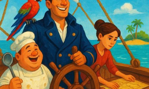 A smiling, brave Captain Jake, tanned with tousled brown hair in a dark blue sailor's coat with gold buttons, grips the ship's wheel and stares determinedly at the horizon; his colorful parrot Squawk (red, green and blue) perches on his shoulder; jovial cook Sam (about 35), round with a stained apron, holds a large ladle by the port rail; navigator Bella (about 28), slim with hair in a bun, studies a large yellowed chart at a starboard table; cabin boy Tim (about 12), small with messy blond hair, clings to the mast holding a rope and looks at the captain in admiration; setting: polished wooden sailing ship with gleaming planked deck, white sails and rigging, turquoise sea with gentle waves and a golden-sanded island under a bright sky; scene: crew celebrates discovering a small spice-scented island, joyful adventurous mood with saturated colors, clear contrasts and childlike expressive details.