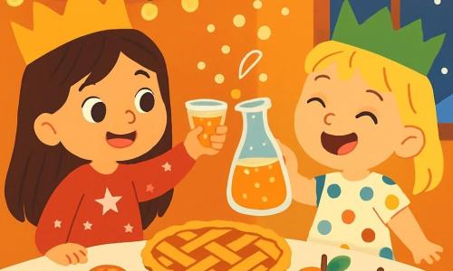 Există două personaje principale: Ana, o fetiță de 4 ani cu părul lung și brunet și ochi strălucitori, care poartă o coroană de hârtie aurie și un pulover roșu cu stele albe, stând în stânga, zâmbind și ținând un pahar mic de suc de mere; și Mara, o fetiță de 4 ani cu părul blond și ochi albaștri, purtând o coroană verde de hârtie și o rochie cu buline colorate, aflându-se în dreapta, râzând și ținând o carafă cu bule strălucitoare. Scena are loc într-o cameră caldă, decorată cu ghirlande colorate și lumini strălucitoare, cu o masă mare din lemn acoperită cu o față de masă albă, ornata cu biscuiți, fructe și o frumoasă prăjitură cu mere. Prin fereastră se văd fulgi de zăpadă căzând ușor, iluminați de lumina aurie din interior. Ana și Mara sărbătoresc Anul Nou, ridicându-și paharele într-un toast vesel, înconjurate de decorațiuni festive și cu bulele de suc de mere dansând în aer.