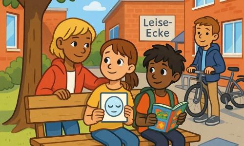 Eine zwölfjährige Mina, ruhig und stolz, mit weichem Gesicht und leichten Sommersprossen, kastanienbraunen mittellangen Haaren im Pferdeschwanz, sitzt schüchtern lächelnd auf einer Holzbank und hält ein laminiertes Schild, neben ihr steht die zwölfjährige Leni, selbstbewusst und beschützend, kurze blonde Haare und rote Jacke, die Hand am Bankrücken und ein ermutigender Blick, ein zehn- bis elfjähriger schüchterner Junge mit zerzausten schwarzen Haaren sitzt vorsichtig neben ihnen und hält einen bunten Comic, im Hintergrund stellt der zwölfjährige Jonas in blauer Jacke ein Fahrrad an einen Metallständer und betrachtet die Szene versöhnlich, Schauplatz ist ein heller Schulhof mit Baum, roter Ziegelwand und Fahrradständer; eingeweiht wird eine „Leise-Ecke“: zwei Mädchen auf der Bank unter dem Baum, laminiertes Schild mit ruhigem Gesichts-Piktogramm, einige respektvolle Kinder im Hintergrund, friedliche und feierliche Atmosphäre.