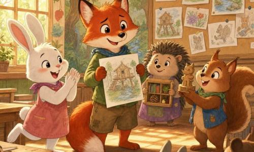 Ein anthropomorpher roter Fuchs steht zentral, glänzendes Fell, leuchtende Augen, schüchtern-selbstbewusstes Lächeln, hält ein handbeschriebenes Blatt mit Zeichnungen und spricht leise vor der Klasse; links der weiße Langohrenhase Hanni klatscht fröhlich und hüpft neben einem kleinen Pult, rechts das braune Eichhörnchen Emil zeigt frech eine Holzfigur, dahinter die kleine Maulwurf- oder Igel-Figur Ida trägt ein Miniaturregal und lächelt unterstützend; Szene in einem hellen Holzklassenzimmer mit Baum- und Bachfresken, bunten Papiergirlanden, Holzbänken und einer Pinnwand mit Bildern, warmes Spätnachmittagslicht durch Sprossenfenster mit goldenen Reflexen, Hauptsituation: Schulprojektpräsentation, Freundschaftliche, warme, bunte Atmosphäre, zentrierte Komposition, pastellige Aquarelltöne, weiche Striche und gut lesbare Ausdrücke.